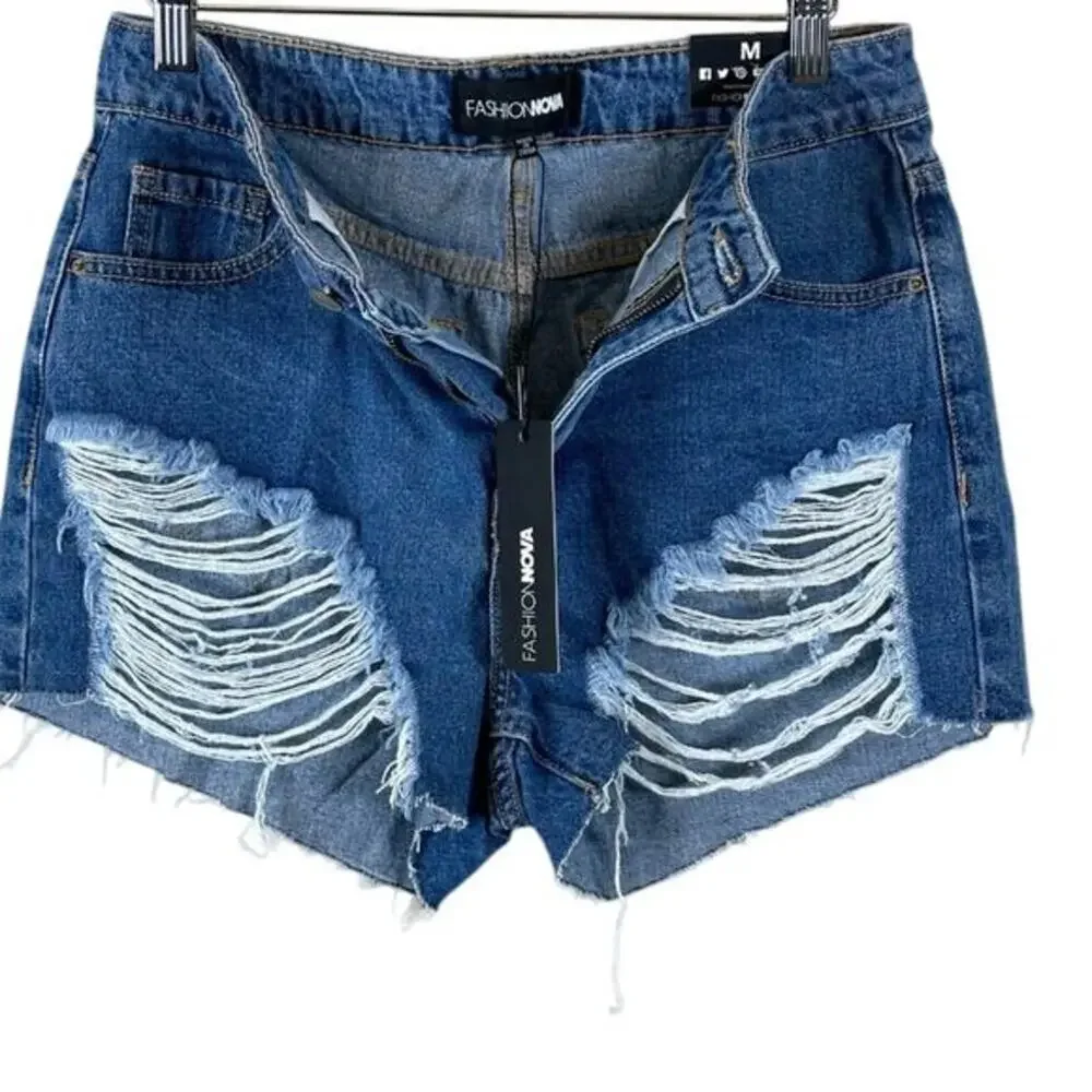 NWT Fashion Nova Jean Shorts Womens M Medium Wash Distressed Daisy Dukes Cowgirl - Picture 4 of 7